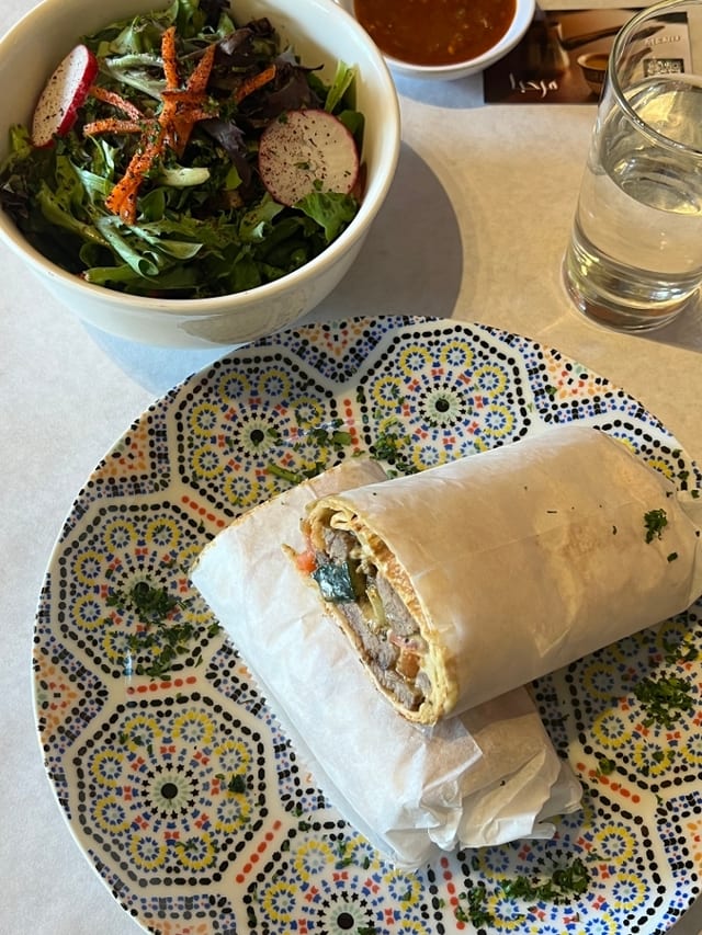 Veggie falafel sandwich wrap.